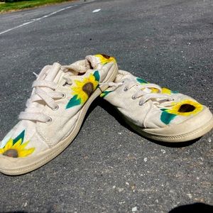 Hand painted lace up flats. Sunflowers painted over top a plain white flat